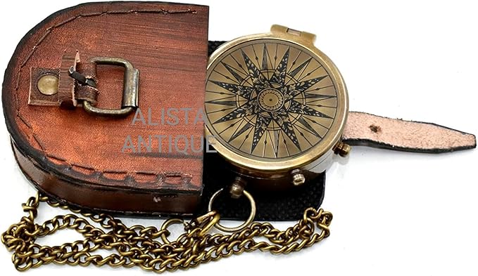 Classic Handmade Antique Functional Brass Compass with Chain and Leather Case – Vintage Decorative Pocket Compass for Men and Women for Wife