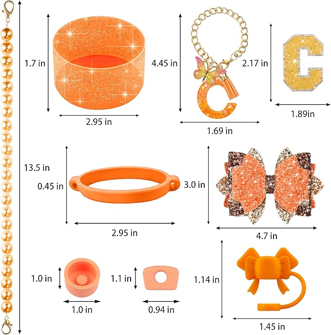 9PCS Orange for Stanley Cup Accessories Set Bling Initials Bow Charms for Stanley Decorations 30/40 Oz Tumbler Accessories Including Bow Straw Topper, Handle Strap, Spill Stopper（Letter C）