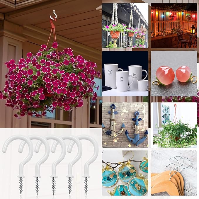 Cup Screw Hooks,1 inch Vinyl Coated Ceiling100 Pack Screw in Hooks Plant Hanger Wind Chimes Kitchen Cup Hooks Great for Hanging Indoor & Outdoor Use(White)