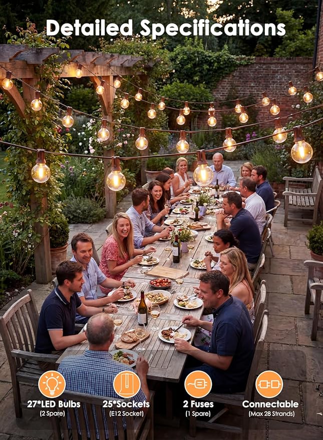 SUNSGNE 25FT Brown Outdoor String Lights, Shatterproof LED Globe String Lights with 25 G40 LED Bulbs, Waterproof Connectable Hanging Light for Backyard Patio Porch Balcony Party Decor, E12 Base