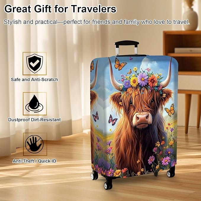 Luggage Cover Protector for 22-24 Inch Suitcases, TSA Approved Elastic Travel Suitcase Covers, Anti-Scratch Washable Luggage Sleeve for Carry On & Checked Bags, Cute Highland Cow