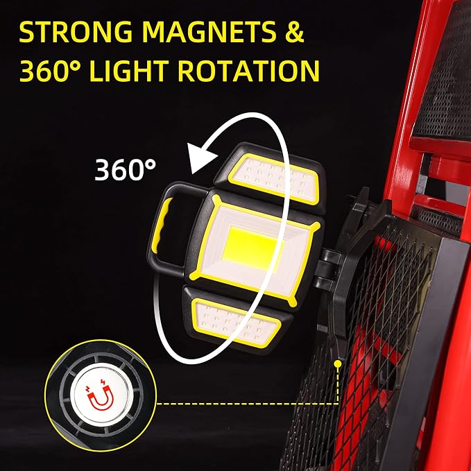 YZONI Rechargeable Work Light, 30W 3000Lumen LED Work Light with 5 Modes, Battery Powered Magnetic Lights with 360°Rotate Foldable Design, Job Site Lighting for Car Repair, Garage, Workshop, Camping