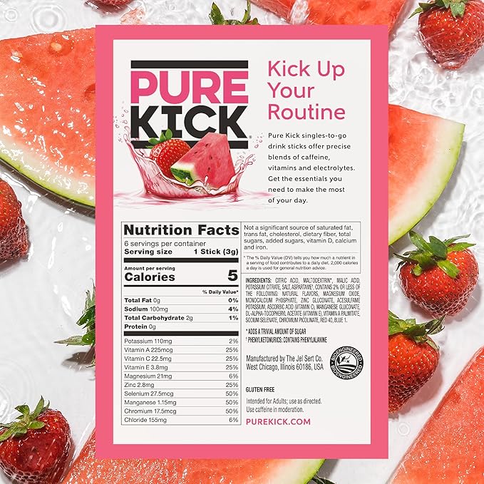 Pure Kick Hydration Singles To Go Drink Mix, Strawberry Watermelon, Includes 12 Boxes with 6 Packets in each Box, (Pack of 144)