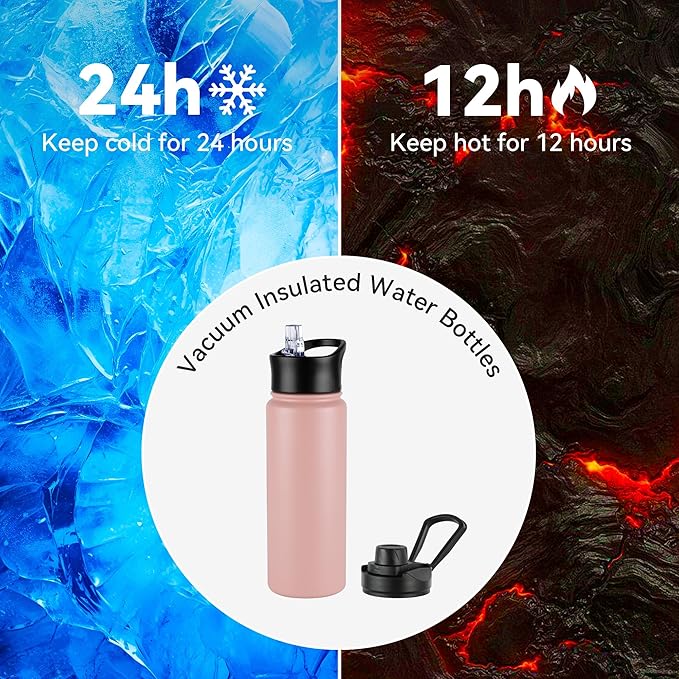 VEGOND 32 oz Insulated Water Bottle Bulk Stainless Steel Metal Water Bottles with Leak Proof Straw Lid & Spout Lid, Wide Mouth Double Walled Vacuum Travel Sports Bottle, 4 Pack