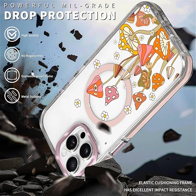 Case for iPhone 13 Pro,[Compatible with MagSafe],Retro Mushroom Sunflower Phone Case Design，for Women Girls Magnetic Clear Cover - Slim, Sleek, & Shockproof Protection