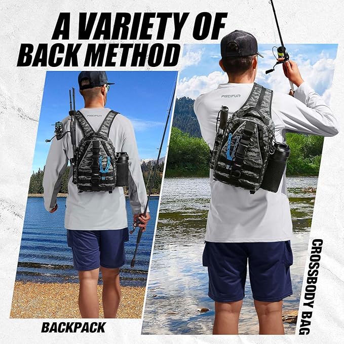 Piscifun Fishing Backpack with Rod Holder, Lightweight Sling Bag Storge Gear and Equipment