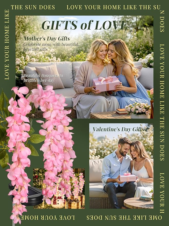 GIGALUMI Solar Lights Outdoor for Garden Decor, 2 Pack Solar Flower Lights Waterproof, 2 Lighting Modes Wisteria for Pathway,Yard, Patio Decoration, Gardening Gifts for Women (Pink)