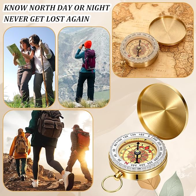 Brass Compass for Hiking Large Dial Pocket Compass with Keychain Loop Camping Survival Compass Ideal Metal Navigation Tool for Teen Scouts Men Hiking Camping Hunting Outdoor (Gold)
