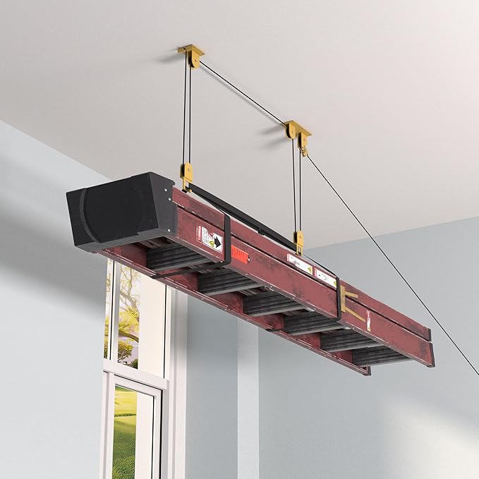 TRUSOON Ladder Storage Pulley Hoist, Self Locking Function Ladder Hanger, Garage Ceiling Mount Lift System for Lightweight Kayak, Bike, Surfboard, Hold 100 lbs, Fit 10-18 Foot Ceilings