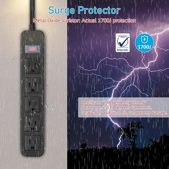 Outdoor Power Strip Waterproof with 5 Outlets, Garden Weatherproof Surge Protector, Christmas Multiple Outlet Exterior Socket for Lighting Appliances. 15FT Extension Cord Strip with Flat Plug. Black