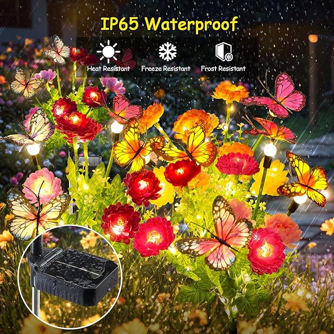 GARPAR Solar Garden Lights, 6 Pack Swaying Solar Lights with 18 Butterflies & 42 Blooming Flowers, Solar Flowers Lights Outdoor Waterproof, Solar Outdoor Lights for Yard Patio Garden Decor, Gift