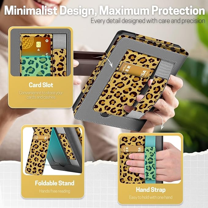 TNP Stand Case for Kindle Paperwhite 12th Generation 2024 / Kindle Colorsoft Signature Edition with Hand Strap & Card Slot - 7" PU Leather Protective Folio Cover with Auto Wake/Sleep, Leopard Yellow
