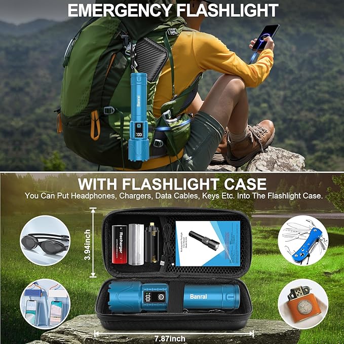 Rechargeable Tactical Flashlights 2000 High Lumens - 5000mAh Super Bright LED Powerful Flash Light, Waterproof Handheld USB C Flashlight for Home,Car,Camping,Emergencies,Zoomable (2, Turquoise)