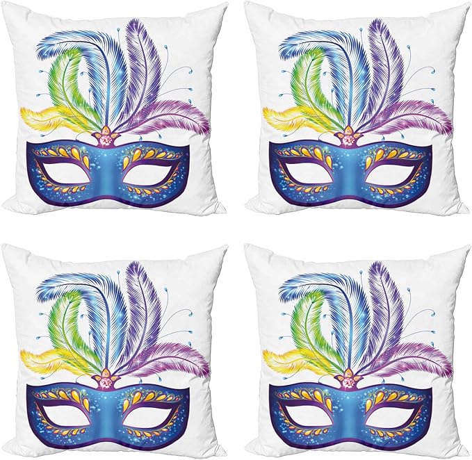 Ambesonne Mardi Gras Throw Pillow Cushion Case Pack of 4, Blue Ornate Venetian Festival with Feathers Masquerade Parade Preparations, Modern Accent Double-Sided Digital Printing, 24", Blue