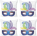 Ambesonne Mardi Gras Throw Pillow Cushion Case Pack of 4, Blue Ornate Venetian Festival with Feathers Masquerade Parade Preparations, Modern Accent Double-Sided Digital Printing, 24", Blue