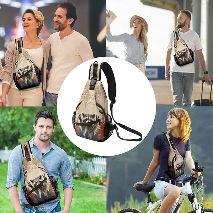 FyLybois Raccoon Sling Bag for Women Lightweight Crossbody Backpack Casual Daypack with Adjustable Strap for Travel Work Hiking Everyday Use