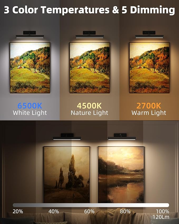 EZVALO 13Inch Wireless Picture Lights, 4000mAh Rechargeable Battery Art Lights with Remote, Dimmable 3 Color Temps LED Painting Lights for Living Room, Bedroom, Hallway (Black, 2Pack)