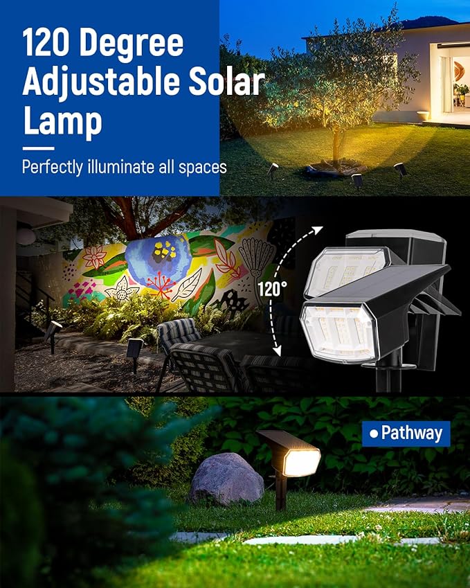 AUDERWIN Solar spotlights Outdoor 63 LED 3 Lighting Modes, IP65 Waterproof Lighten Yard Garden House Garage Pathway for Christmas Decorations-6 Pack