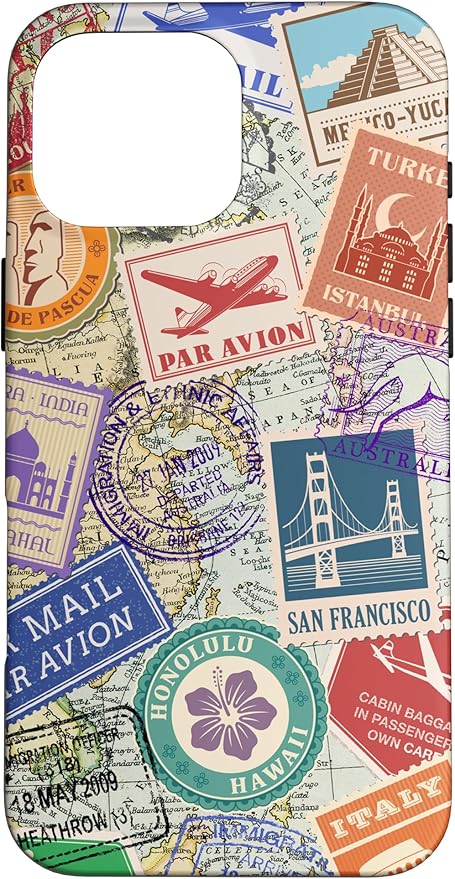 World Map Travel Passport Stamps Postage Stamp Case for iPhone 16 Pro Max