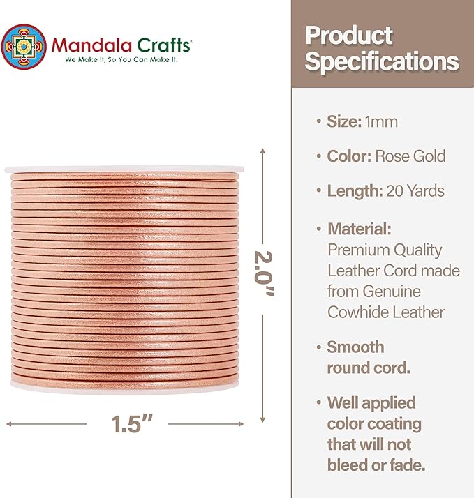 Mandala Crafts Round Genuine Rose Gold Leather Cord for Jewelry Making – 1mm Cowhide Leather Rope String Lace for Kumihimo – 20 Yards Cowhide Craft Cording Spool