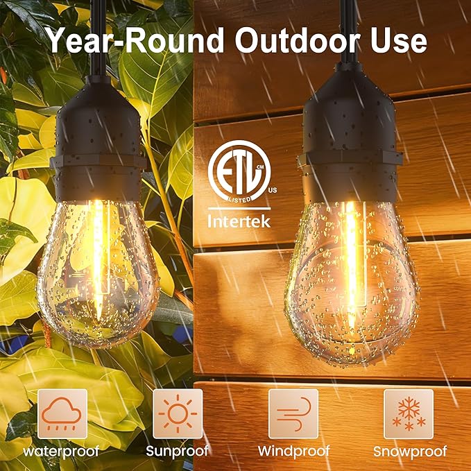SUFEIMAS LED-Outdoor-String-Lights-Patio-Light-Outside 100FT Waterproof String Light with Remote Dimmer Outdoor Lighting with 68 Plastic Bulbs Hanging Lights for Porch Garden Backyard,1.5 FT Spacing
