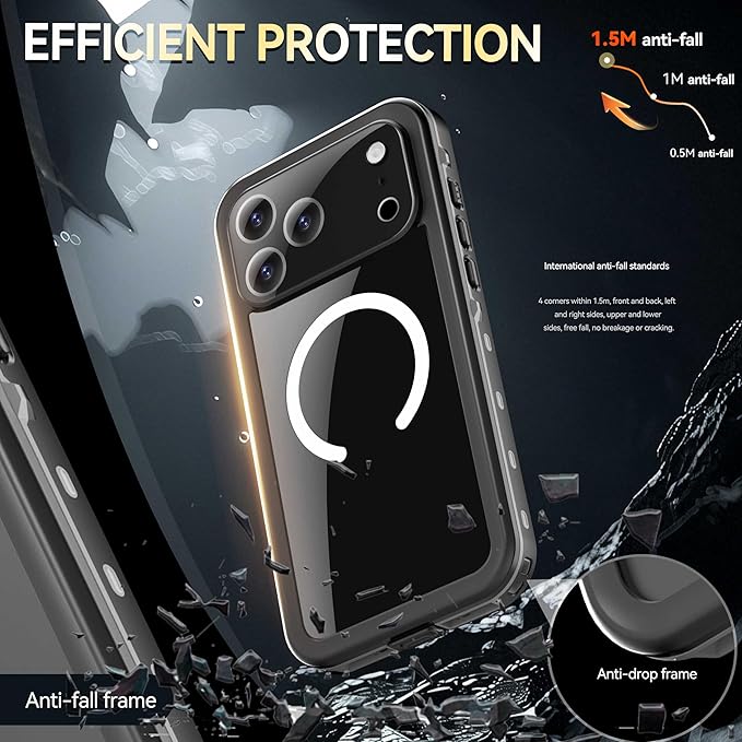 Compatible for iPhone 17 Pro Max Case 6.9" Waterproof 【Compatible with Magsafe 】【IP68 Underwater】 Clear Magnetic Built-in Screen Protection Lanyard Diving Swim Dustproof Shockproof Black