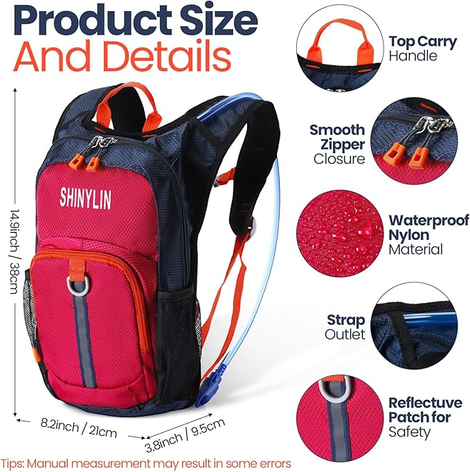 Shinylin 2 Pcs Kids Hydration Backpack with 1.5L Water Bladder Lightweight Kids Hiking Backpack Water Rucksack for Boys Girls Climbing Running