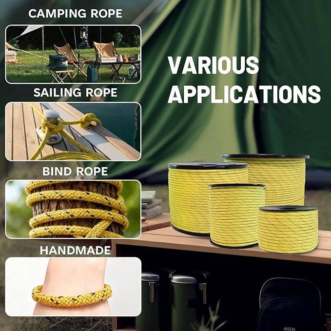 SDHUATUO Paracord Rope 500FT, 550lb Type III Nylon Parachute Cord 7-Strand Core with Reflective Strips, Utility String for Survival, Camping Gear, Hiking, DIY, Crafting, Outdoor, Yellow