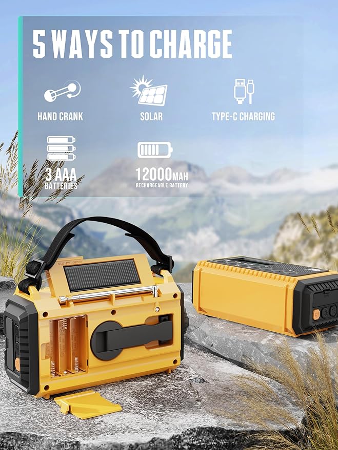 Emergency Radio 12000mAh - NOAA Weather Alert Radio with Auto-Scan & SOS Alarm, Solar Hand Crank 6-Way Power, Flashlight, Reading Lamp for Outdoor, Hiking, Emergencies