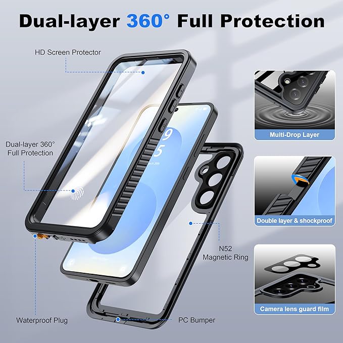 ANTSHARE IP68 Waterproof Case for Samsung Galaxy S25 Plus [2025], Built-in Screen/Lens Protector - Shockproof Full Body Protection for Swimming/Outdoor, Black