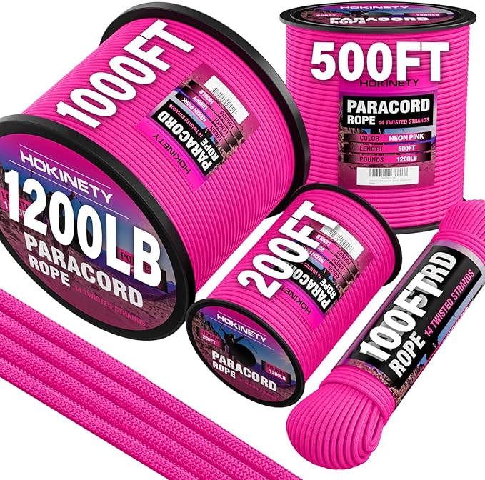 1200 Paracord Rope - 4.4mm 14 Strand Nylon Parachute Spool para Cord Lanyard for Outdoor Camping Survival Utility Tent Crafting DIY Projects Fishing Clothsline Bracelet - Neonpink 500FT