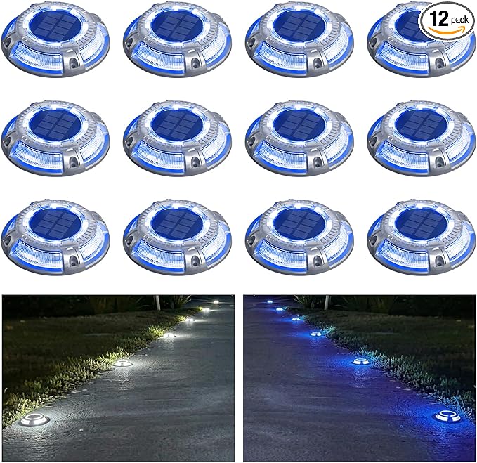 addlon Solar Dock Lights Outdoor 12 Pack, 2 Color Modes LED Deck Marine Waterproof Driveway Marker Lights for Step Sidewalk Stair Garden Pathway Walkway Yard (Blue Light/Cool White)