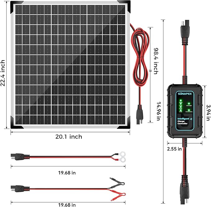 SUNAPEX 50W 12V Solar Battery Charger Maintainer, Waterproof Solar Panel Trickle Charger with Controller for Car, Motorcycle, Boat, Marine, RV, Trailer, Tractor,Truck, etc