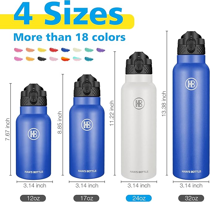 Han's Bottle Sports Water Bottle - 24 Oz, Straw Lid, Leak Proof, Vacuum Insulated Stainless Steel, Double Walled, Thermo Mug,White