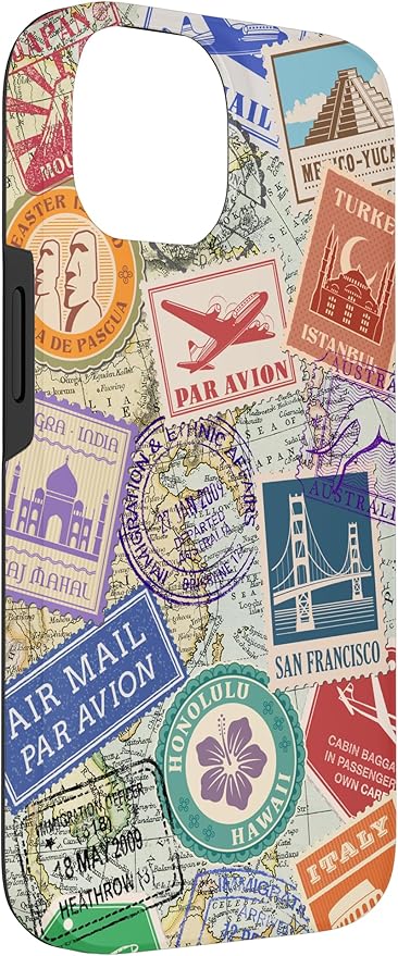 World Map Travel Passport Stamps Postage Stamp Case for iPhone 14