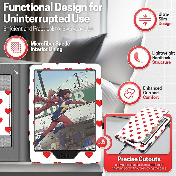 TNP Stand Case for Kindle Paperwhite 12th Generation 2024 / Kindle Colorsoft Signature Edition with Hand Strap & Card Slot - 7" PU Leather Protective Folio Cover with Auto Wake/Sleep, Red Love Heart