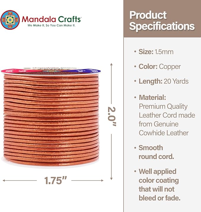 Mandala Crafts Round Genuine Copper Leather Cord for Jewelry Making – 1.5mm Cowhide Leather Rope String Lace for Kumihimo – 20 Yards Cowhide Craft Cording Spool