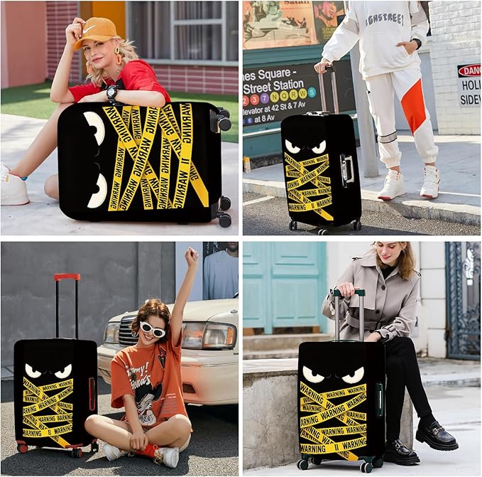 ANNA QUEEN Warning Tape Luggage Cover, Funny Eyes and Yellow Tape Design Suitcase Protector, Stretchable Washable Travel Sleeve for 24-26 Inch Luggage