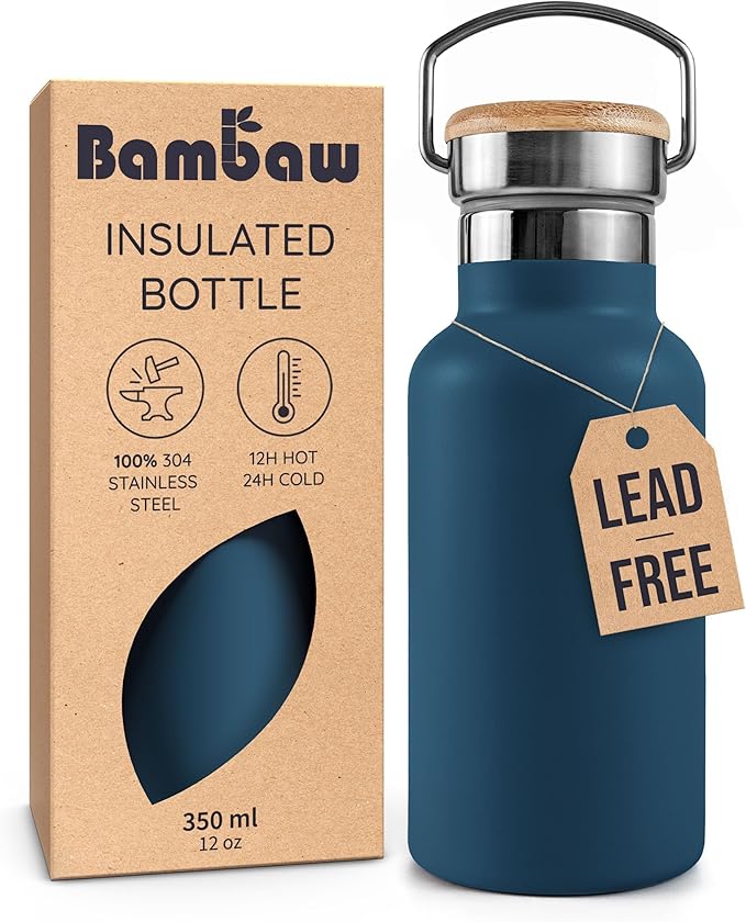 Bambaw 12 oz Insulated Water Bottle, Small Stainless Steel Water Bottle for Hot & Cold Drinks, Great for Travel, Wide Mouth for Easy Cleaning, Fits in Cup Holder (Aegean Blue)