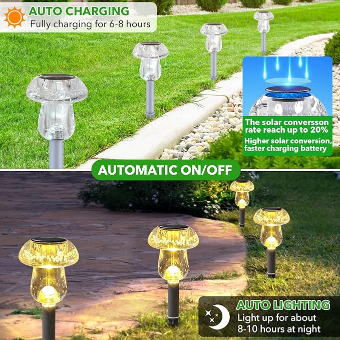 Benany Solar Lights Outdoor, 16 Pack Mushroom Lights Outside Waterproof, Solar Powered LED Lighting for Garden, Yard, Landscape, Path, Pathway, Lawn, Walkway, Driveway, Backyard Decor (Warm White)