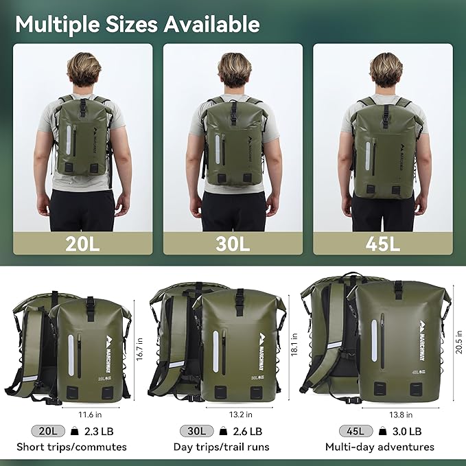 MARCHWAY Roll Top Waterproof Backpack, Floating Dry Bag 20L/30L/45L with Ergonomic Rectangular Base, Cushioned Back, Hip Strap for Hiking Camping Kayaking Travel (Army Green, 45L)