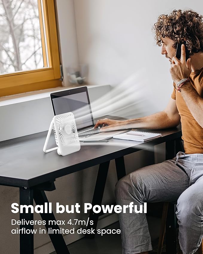Koonie Desk Fan, Ultra Quiet 2.5-11h Battery Operated Small USB Fan with Strong Wind, 180° Tilt Folding and 3 Speeds Adjustable, Battery Powered Mini Personal Fan for Office Bedroom Desktop White