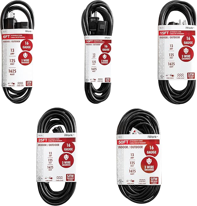 25 Ft Black Extension Cord 3 Prong, Weather-Resistant 16/3 SJTW, 1625 Watt, 13 AMP Rating with UL Listed for Indoor and Outdoor Uses
