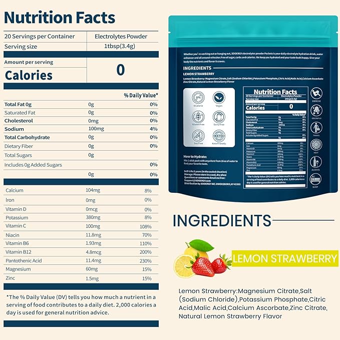 Electrolytes Powder Packets Sugar Free Hydration Packets, Liquid Daily IV Electrolyte Drink Mixex for Rehydration with Electrolytes, Vitamins, 0 Calorie, Lemon Strawberry Flavor, 20 Sticks
