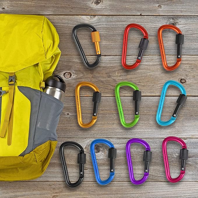 10 Pack Aluminum D Ring Key Rings Clips Locking Carabiner for Camping Fishing and Outdoor Use，Clips with Screw Gate Multicolored