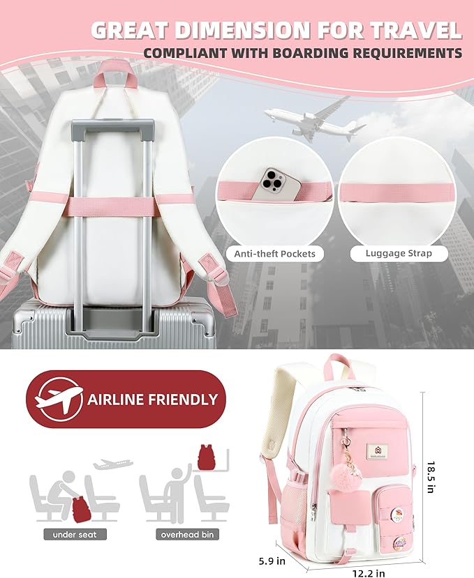 Hidds Laptop Backpacks 15.6 Inch School Bag Elementary Middle High College Backpack Cute Bookbags Anti Theft Travel Back Pack Casual Daypack Kids Book Bag for Teens Girls Women Students-Pink Beige