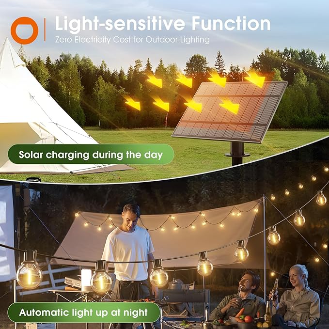 addlon 56FT(50+6) Solar String Lights Outdoor with Remote, 27 Shatterproof G40 Bulbs, Solar Powered & USB Charging Patio Lights, Dimmable Waterproof Solar String Lights for Outside, Camping, Backyard