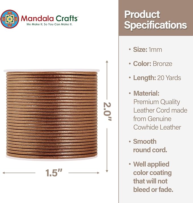 Mandala Crafts Round Genuine Bronze Leather Cord for Jewelry Making – 1mm Cowhide Leather Rope String Lace for Kumihimo – 20 Yards Cowhide Craft Cording Spool