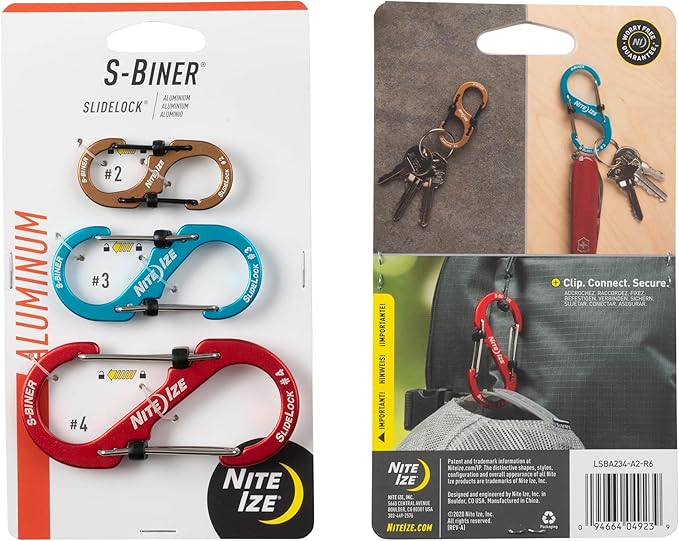 Nite Ize S-Biner SlideLock Stainless Steel Dual Locking Carabiner - S-Biner Key Holder with Locking Gate - Carabiner Organizer for Keys & Camping Accessories - Assorted Sizes, Assorted Colors (3 Pack)