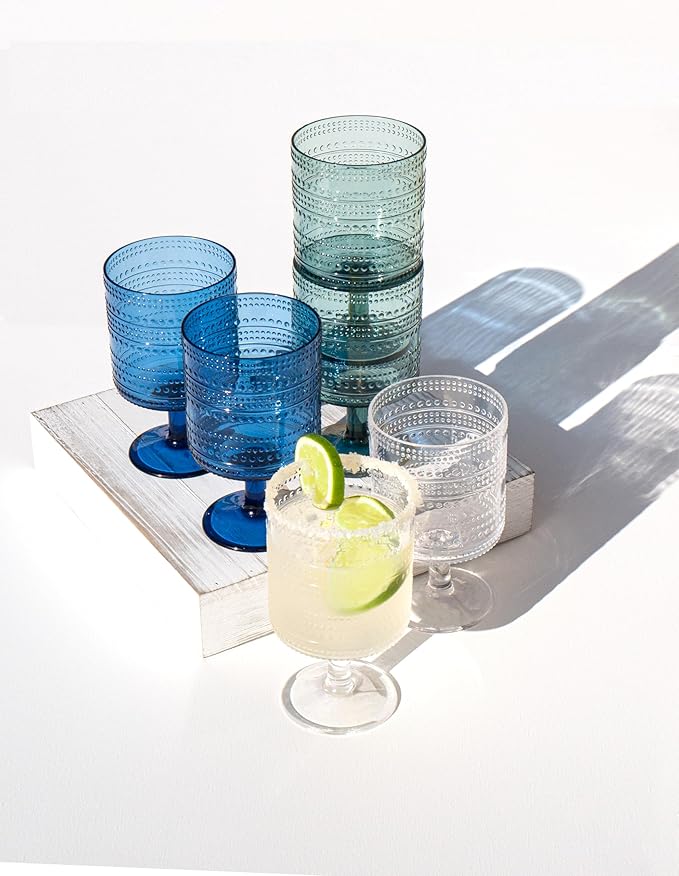 Beaded 14 oz Durable Acrylic Wine Glasses, Shatter-Resistant and Dishwasher-Safe Indoor/Outdoor Drinkware, Glass for Wine, Sangria, and Spritzers - Sea Green - Set of 6